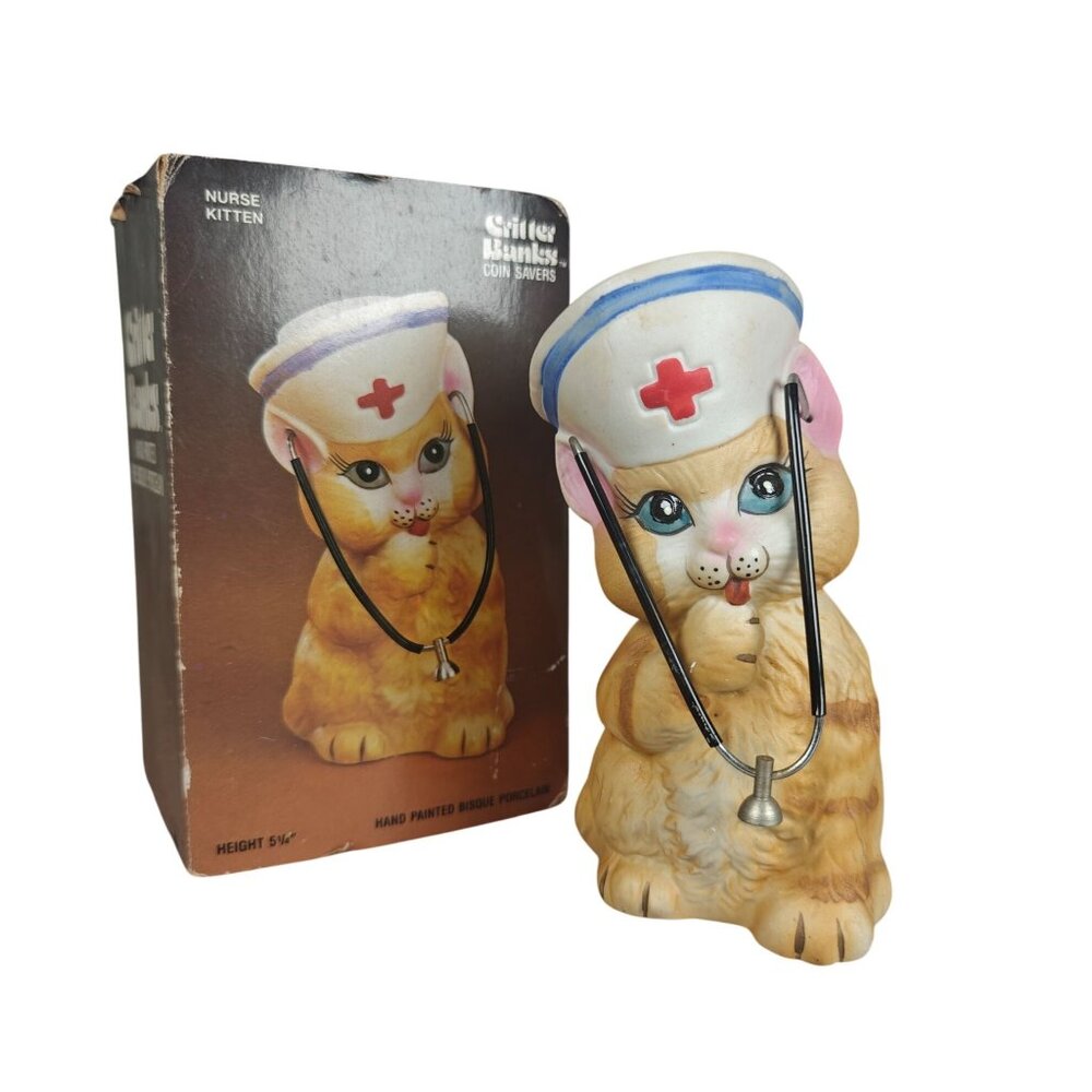 Vintage Jasco Nurse Kitten Coin Bank Critter Banks Novelty Humor Cat Lady Decor